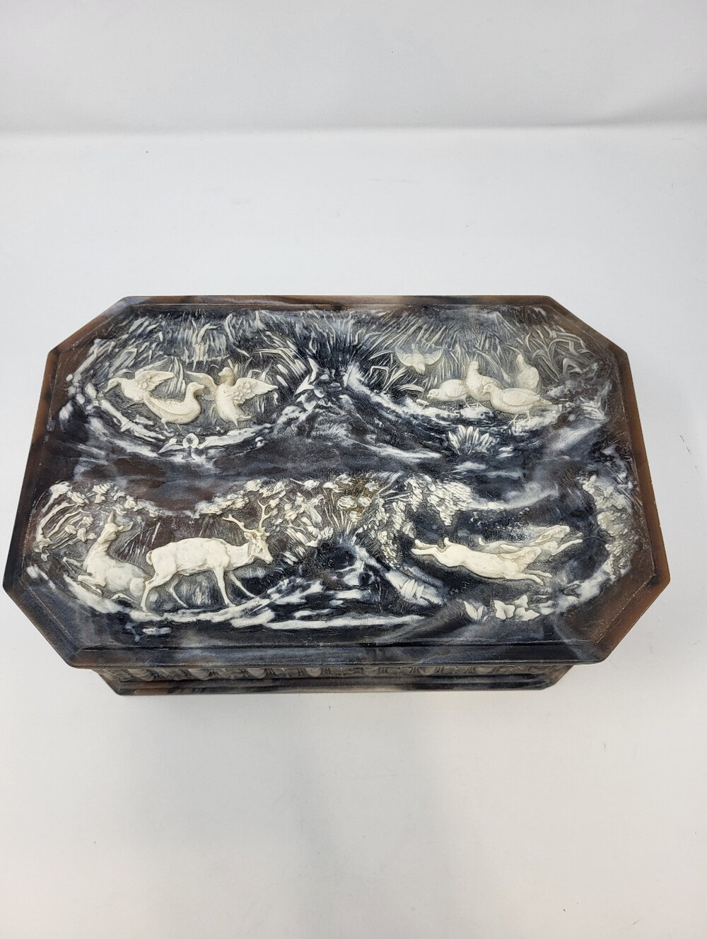 Incolay Stone Jewelry Keepsake Box Woodland Wildlife Vintage Deer Duck Rabbits